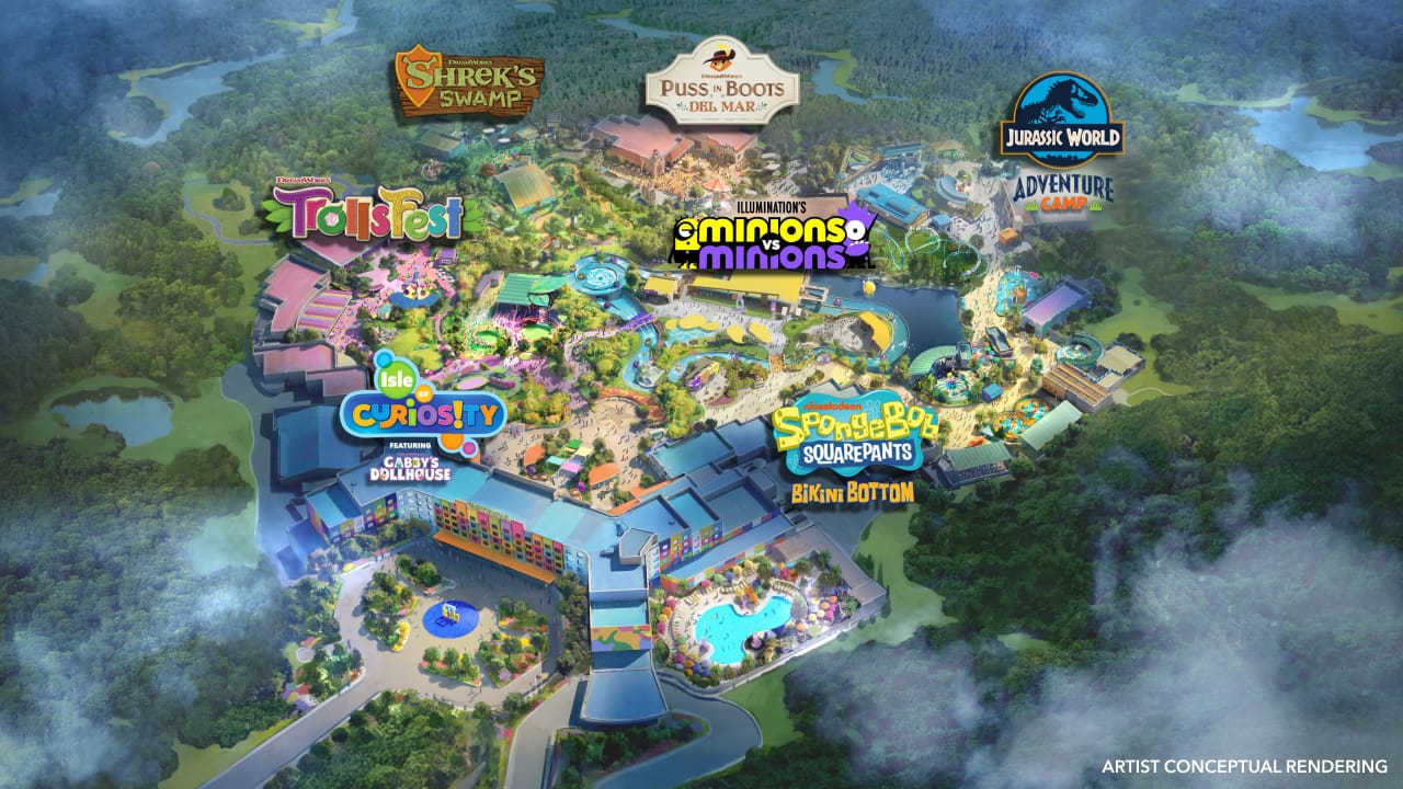 Illustrated map of a theme park with labeled zones like Shrek’s Swamp, Minion Land, Bikini Bottom, and tree-filled areas—no Disney castle.