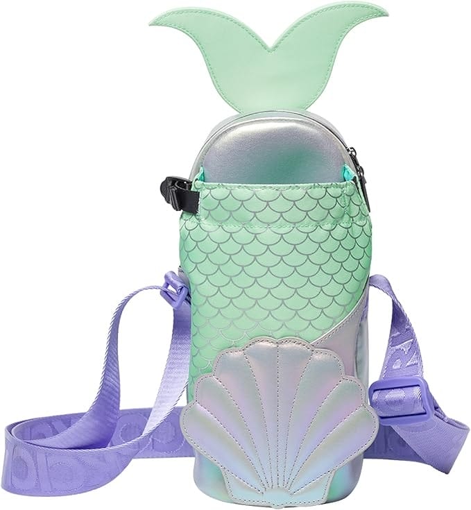 Mint green mermaid tail bag with fish scale pattern, shell detail, and a purple strap—Disney style on Amazon Prime.