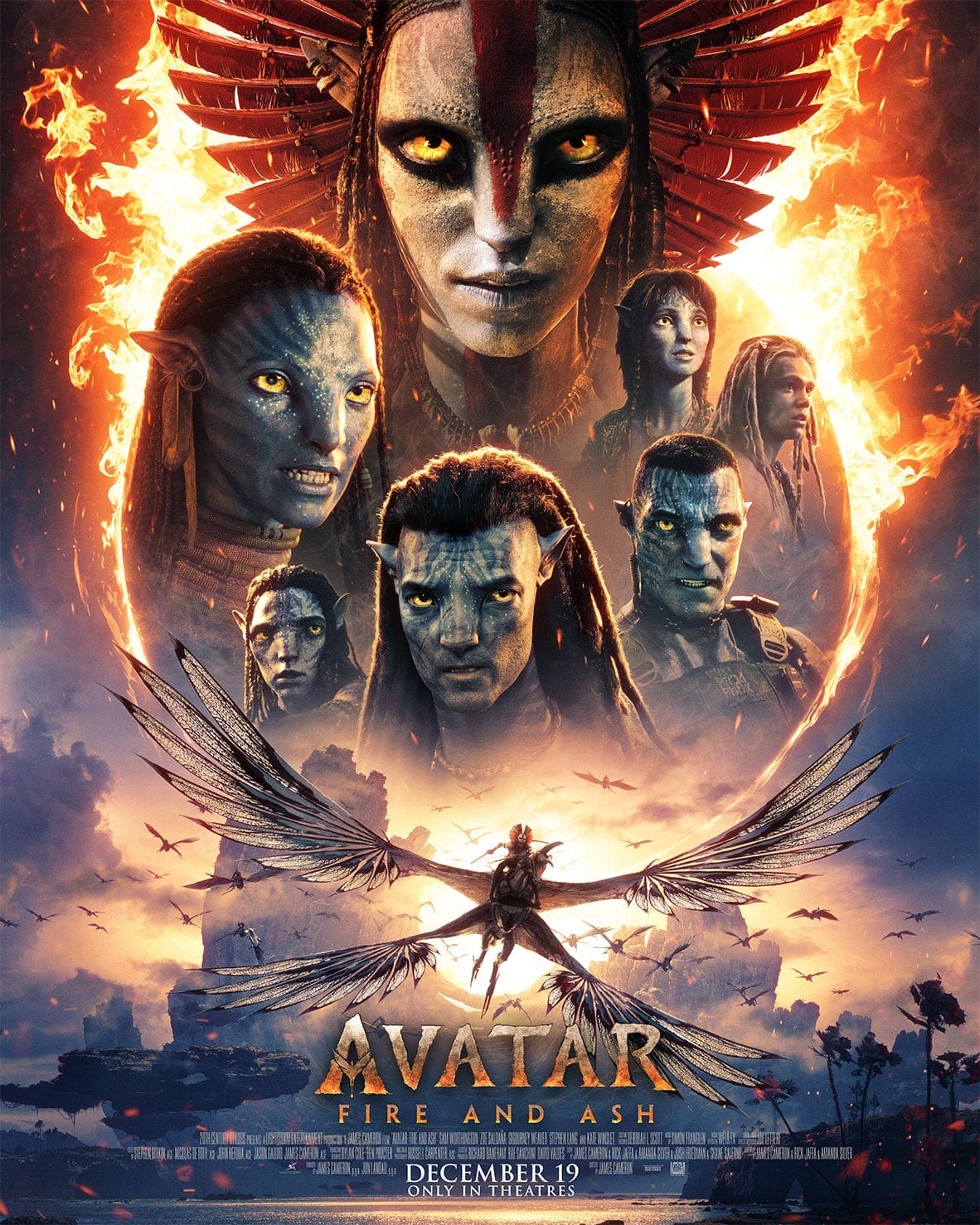 Movie poster for Avatar: Fire and Ash, with blue-skinned characters and an original Miley Cyrus song, no Disney castle featured.