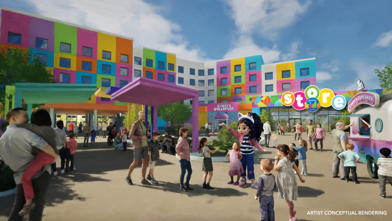 Lively Disney hotel courtyard with families, children, and a character in costume near a bright shop and whimsical playhouse.