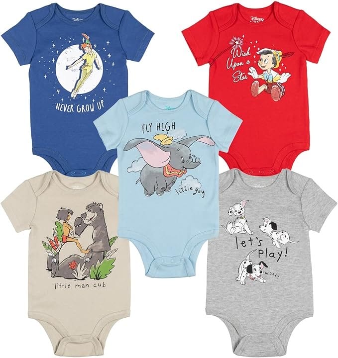 Five colorful Disney baby onesies, each with playful text—perfect for Big Deal Day on Amazon Prime.
