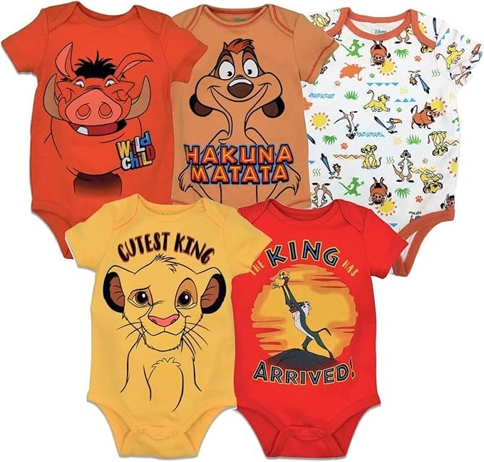 Five colorful Disney Lion King baby onesies featuring Simba and friends—perfect for Amazon Prime Big Deal Day!
