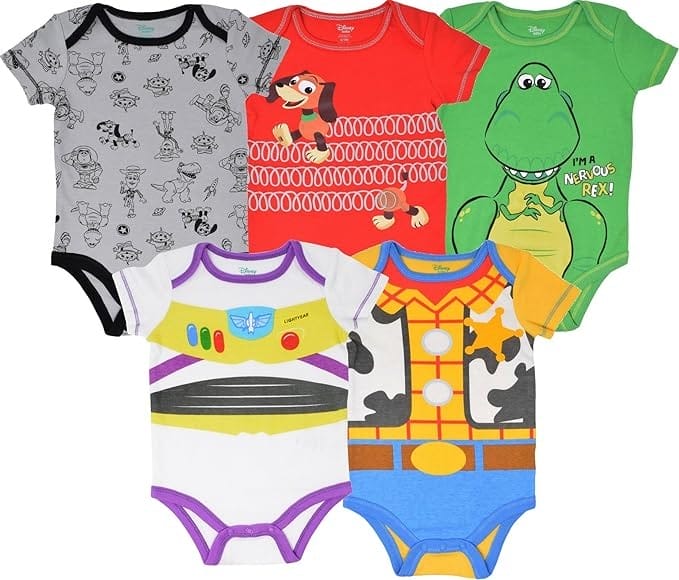 Five colorful Disney Toy Story baby onesies featuring movie characters—perfect for Amazon Prime Big Deal Day!
