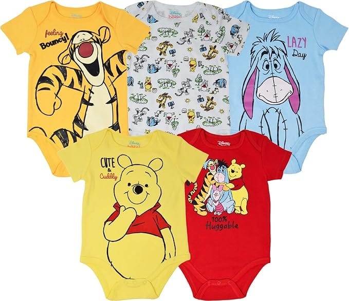 Five colorful Disney baby onesies featuring Winnie the Pooh characters—perfect for Amazon Prime Big Deal Day.