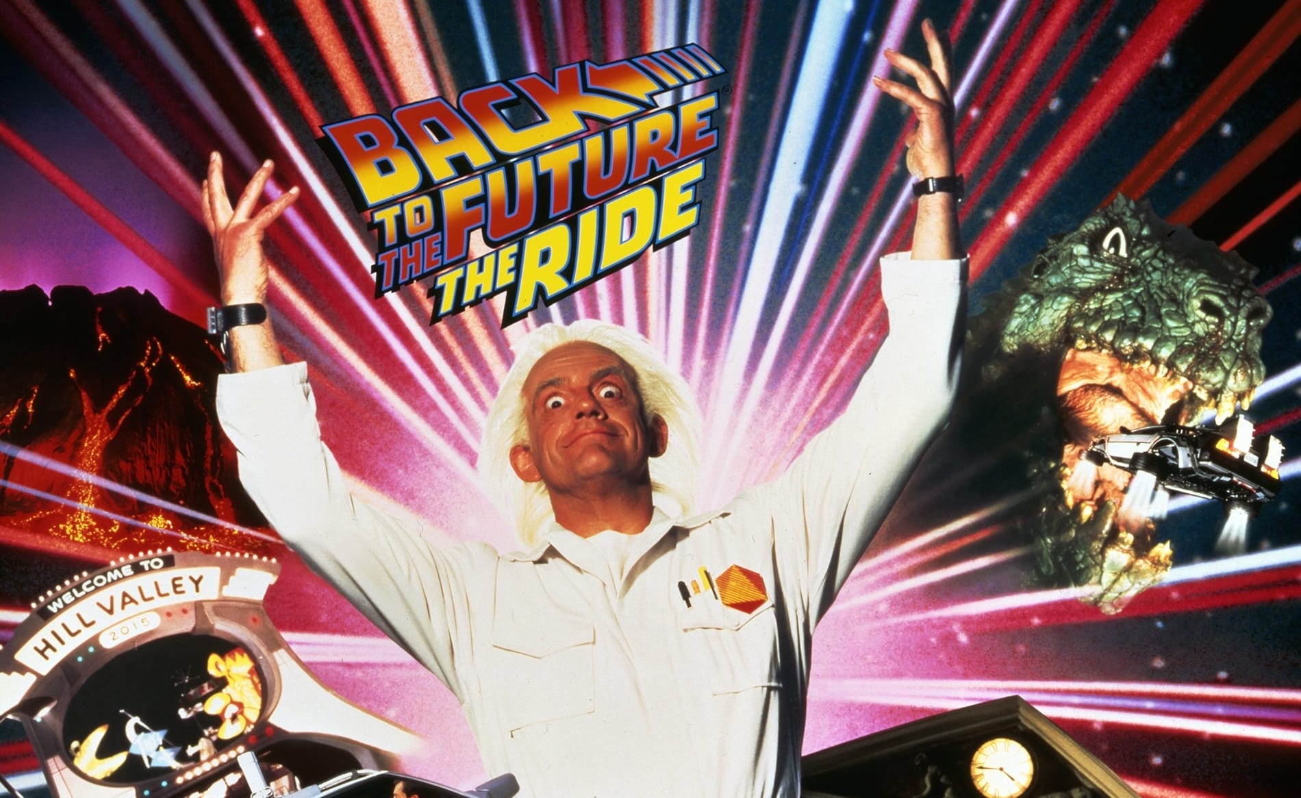 A man in a lab coat raises his arms under the “Back to the Future The Ride” sign at Epic Universe, with vibrant lights and a dinosaur—unlike any Disney castle, but evoking the energy of Tomorrowland attractions.
