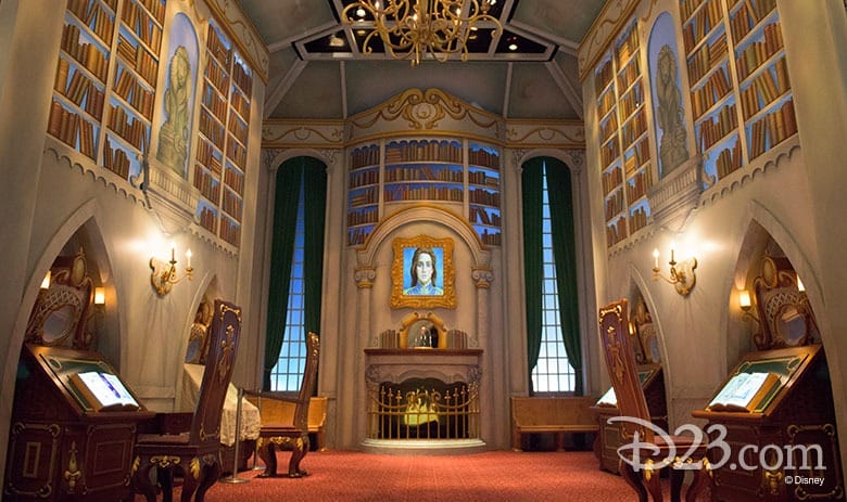Elegant Disney library with tall bookshelves, stained glass windows, and a Lorcana portrait above the fireplace, evoking park charm.