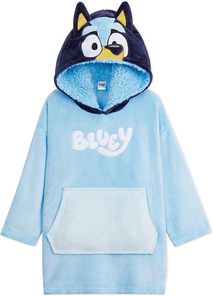 Light blue hooded robe with a large front pocket and fleecy hood featuring Bluey.