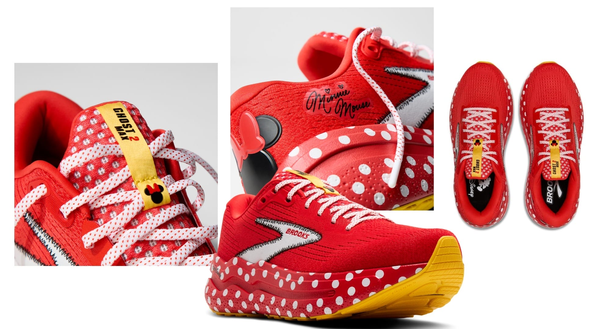 Red Brooks running shoes with white polka dots, yellow accents, and Minnie Mouse details, themed for Wine & Dine Half Marathon at Disney.