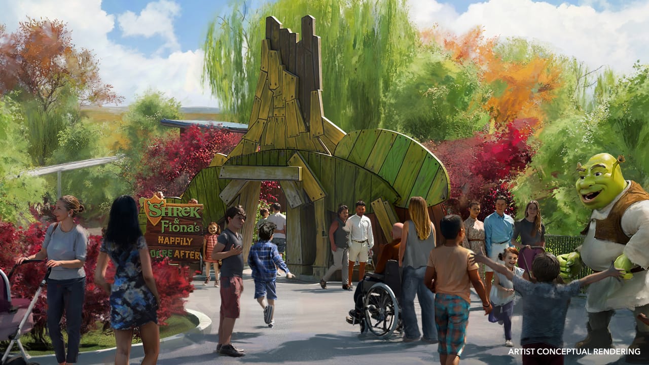 Guests enter a playful, green Shrek-themed attraction amid trees; Shrek greets them, unlike Disney's iconic castle entrances.
