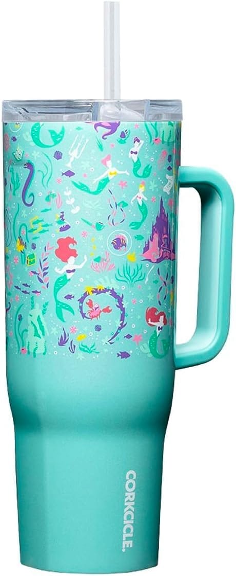 A turquoise Corkcicle tumbler with handle, Disney mermaid print, and straw—perfect for Amazon Prime’s Big Deal Day!