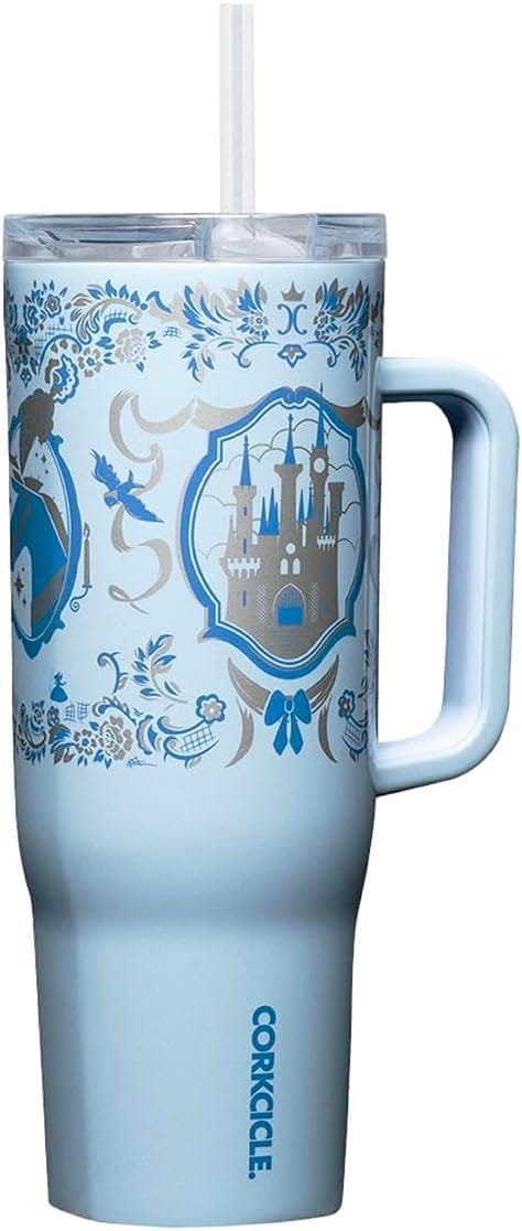 Disney blue Corkcicle tumbler with floral castle design, handle, clear lid, and straw—perfect for Amazon Prime Big Deal Day!
