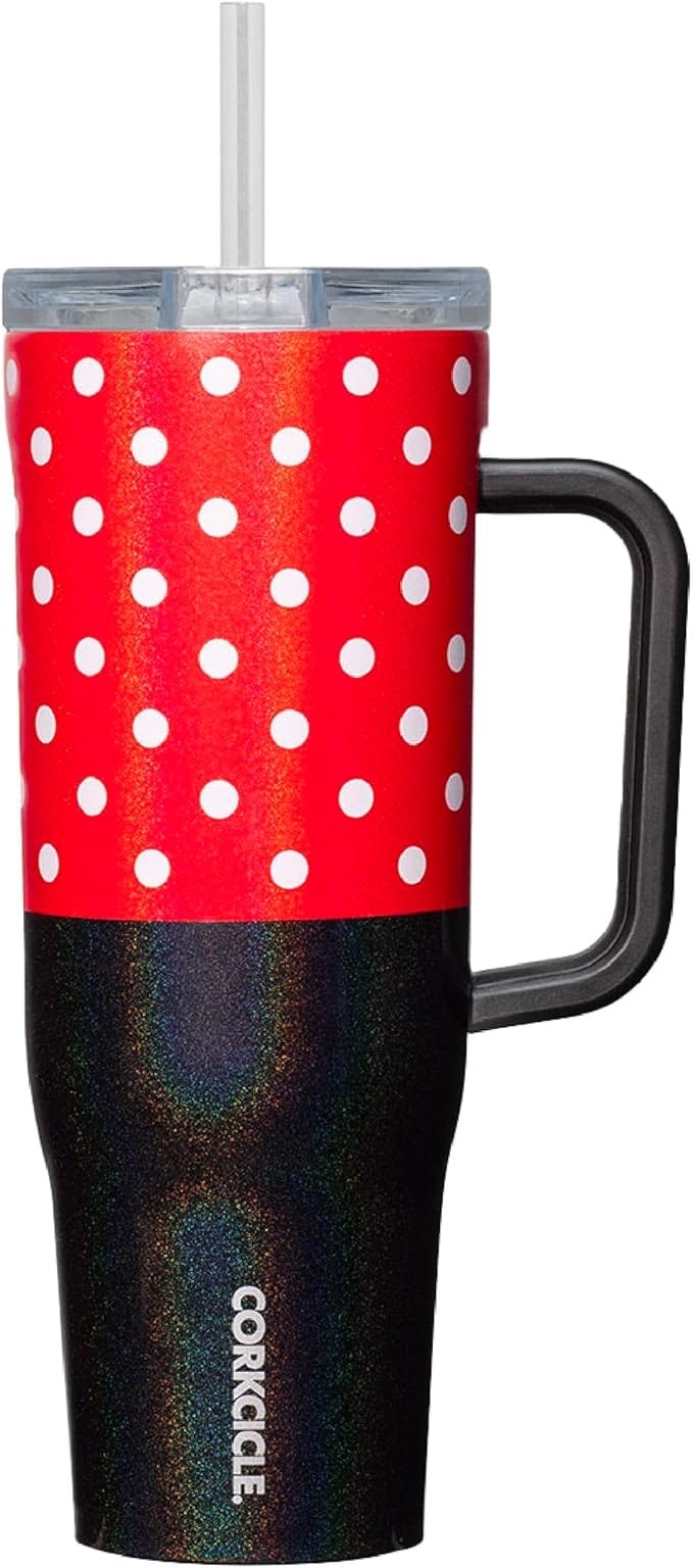 A tall Disney tumbler with handle, red and white polka dots, black bottom, clear lid, and straw—perfect for Amazon Prime!