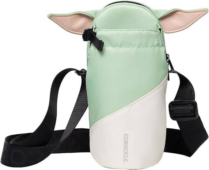 A Disney bottle holder shaped like Baby Yoda, featuring green ears, a black strap, and the Corkcicle logo.