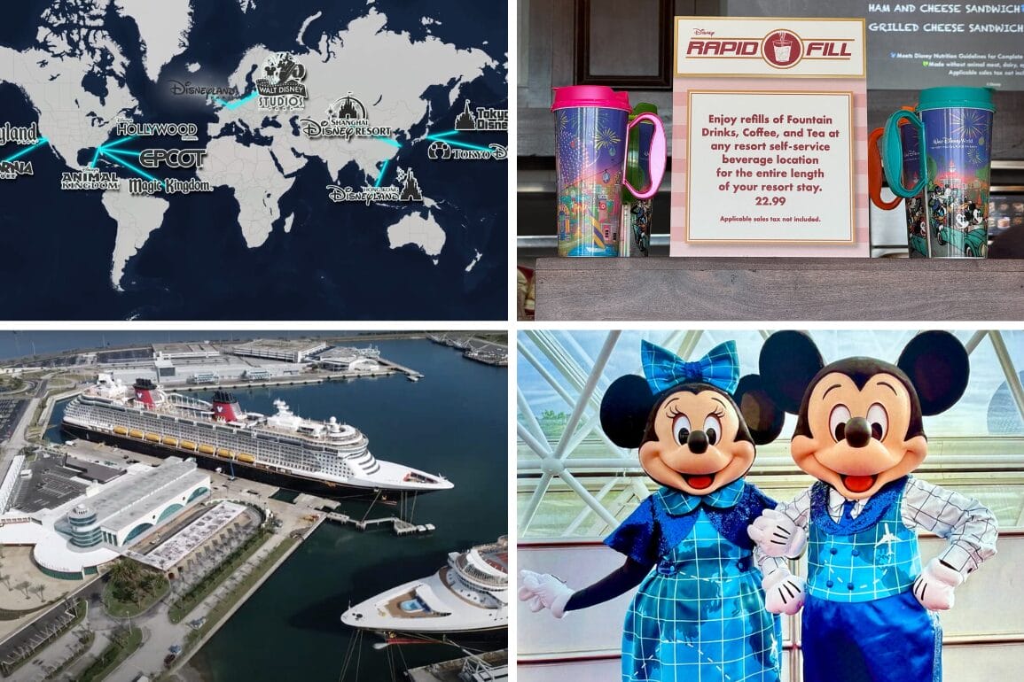A daily recap collage featuring a Disney World map, refillable mugs, a cruise ship, and Mickey and Minnie in blue outfits.