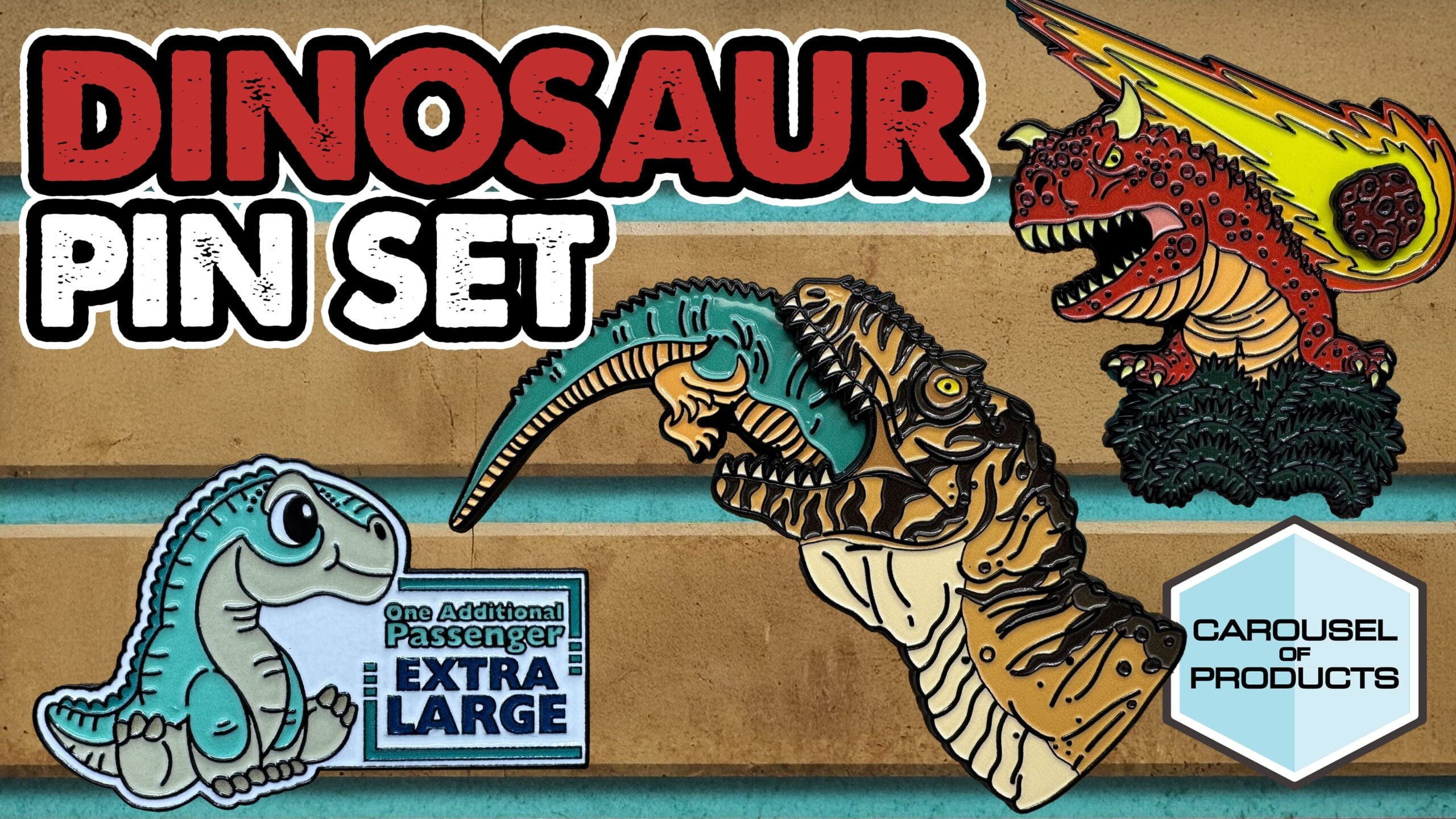 Four illustrated dinosaur pins, like ones found at DinoLand U.S.A. in Disney's Animal Kingdom, displayed on a wooden surface.