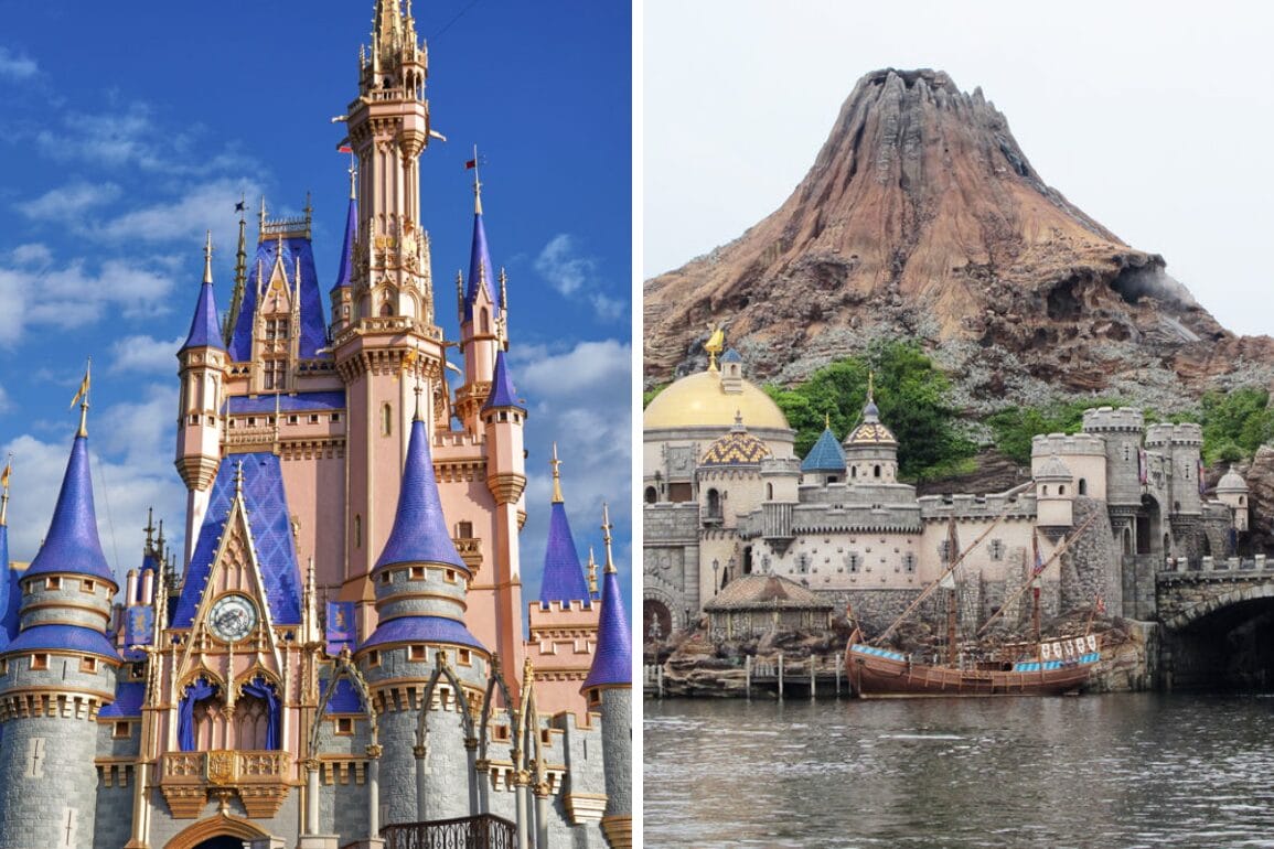 Left: Cinderella Castle in Orlando, pink and blue hues; right: Mount Prometheus volcano and Tokyo DisneySea facades.