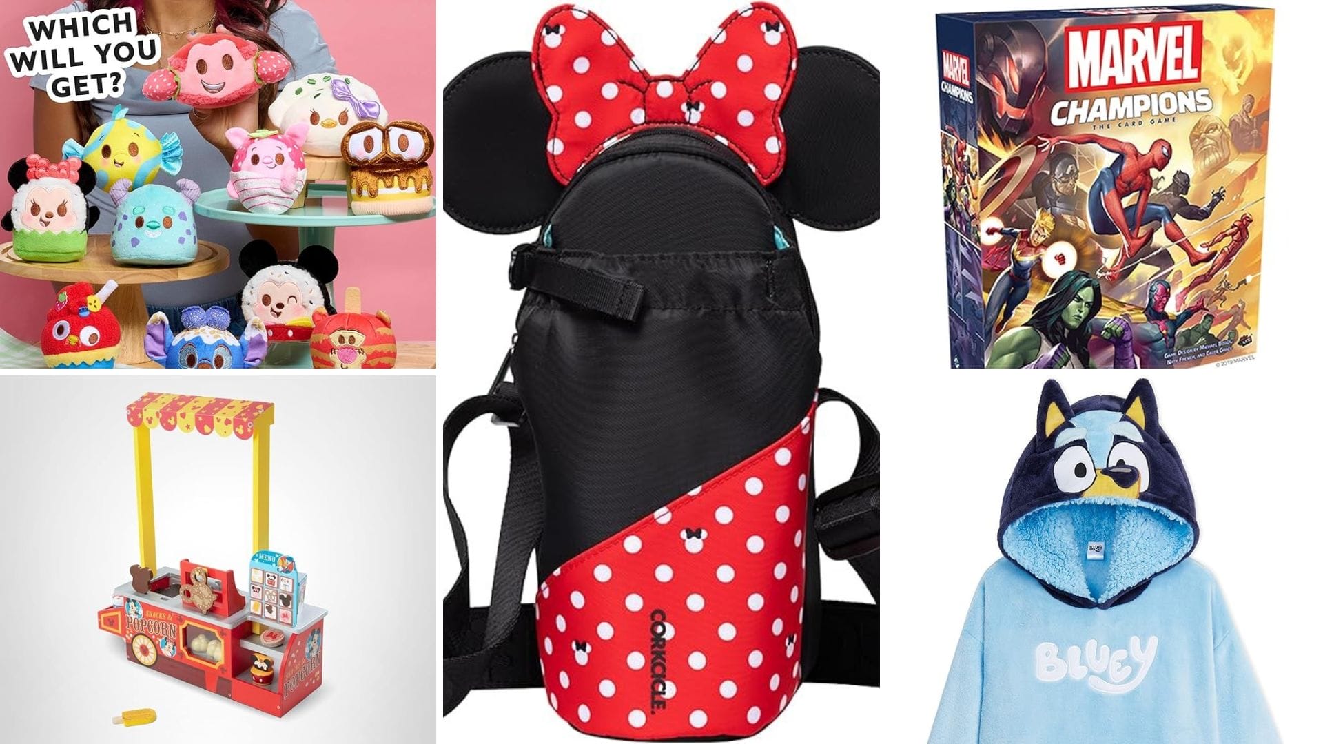 A collage of kids’ toys, including Disney plushies, a Minnie Mouse backpack, and more for Amazon Prime Big Deal Day.