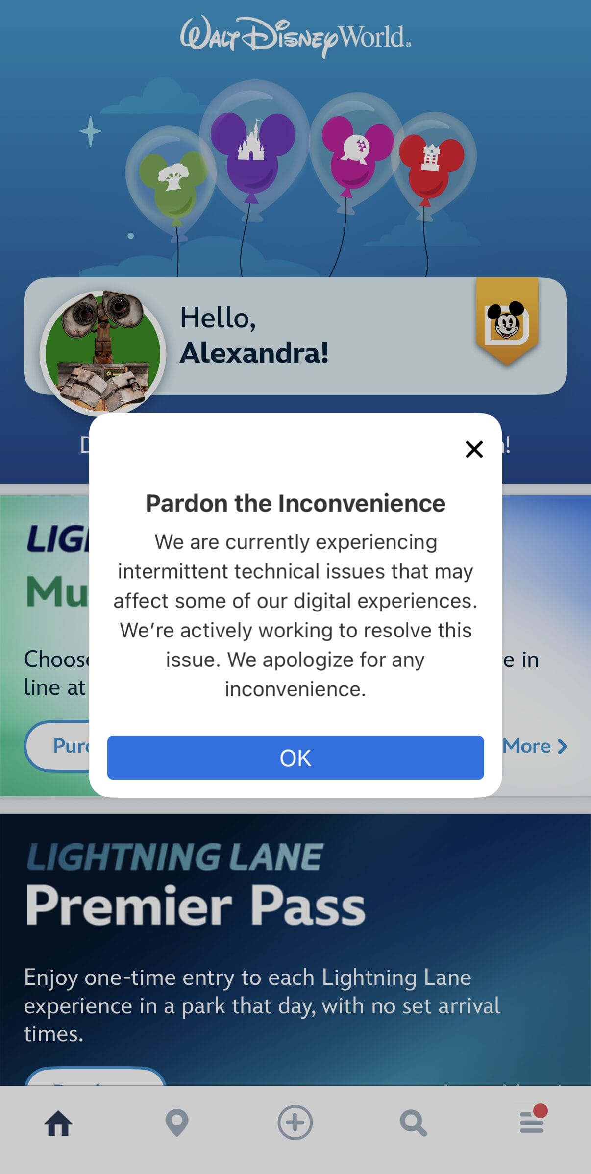 A Disney app screen displays a "Pardon the Inconvenience" pop-up for technical issues—no castle like Cinderella’s or Sleeping Beauty’s visible.