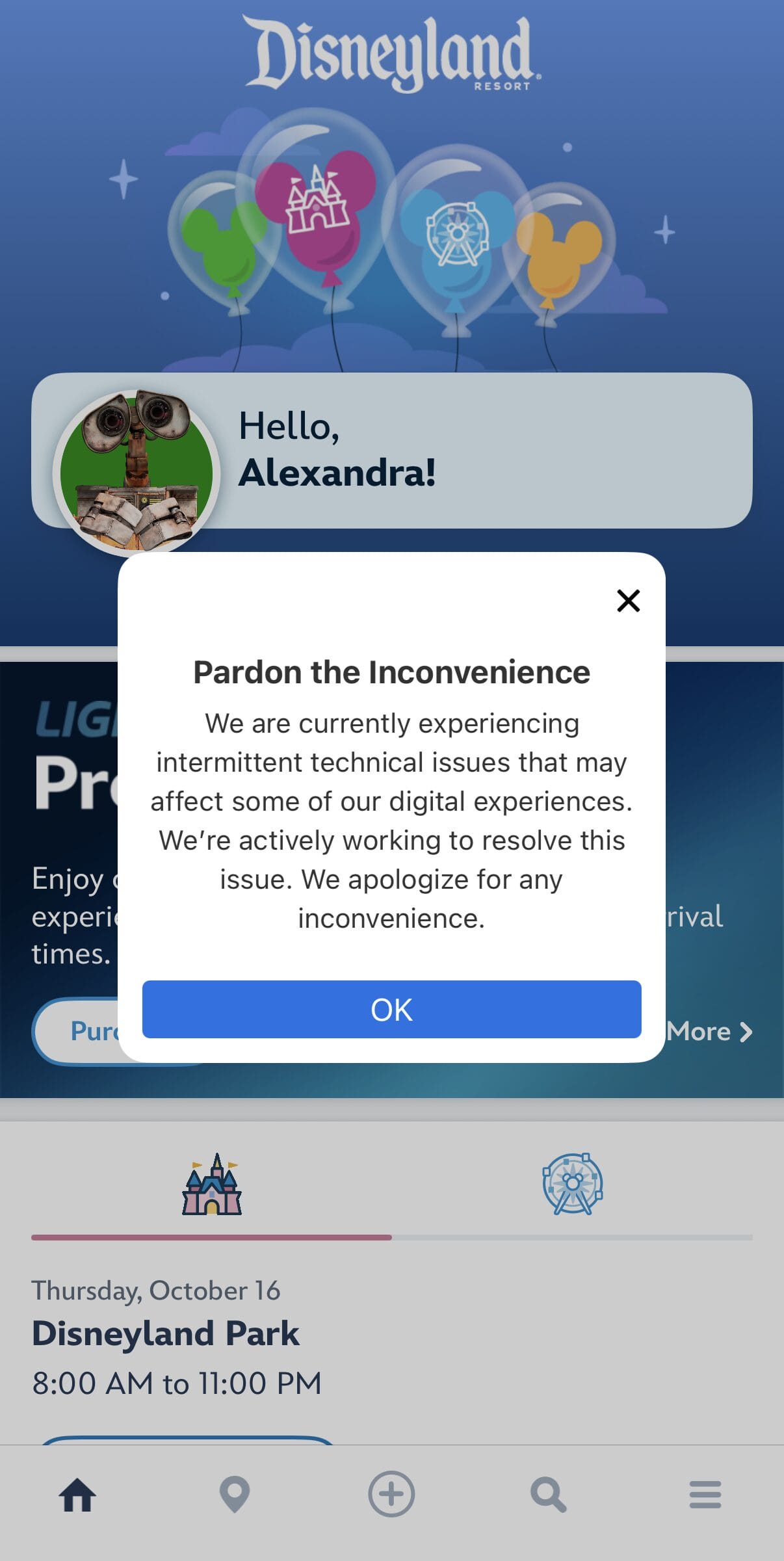 A Disneyland app screen displays a technical issue pop-up apologizing for digital service interruptions, no castle image shown.