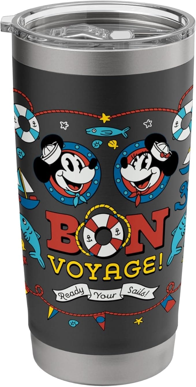 A travel tumbler with cartoon sailors, nautical designs, and "BON VOYAGE!"—perfect for Amazon Prime Big Deal Day.