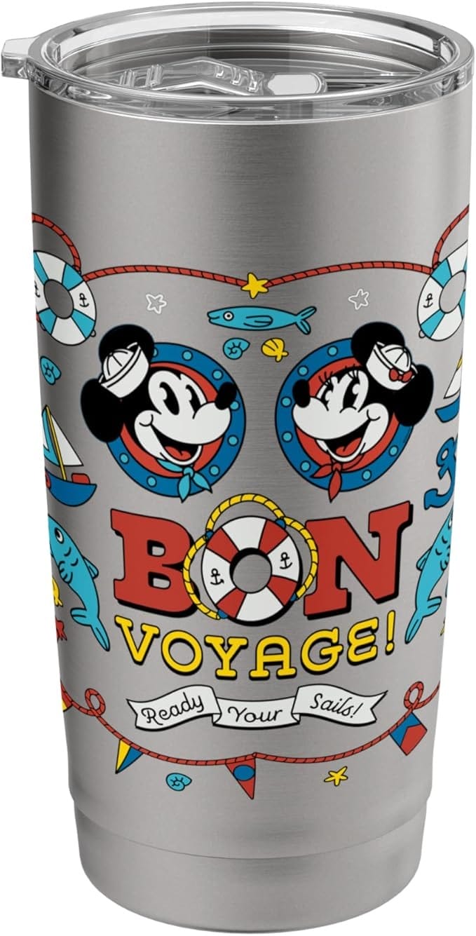 A Disney silver travel tumbler with Mickey and Minnie, nautical designs—perfect for your next adventure. Amazon Prime Big Deal Day!