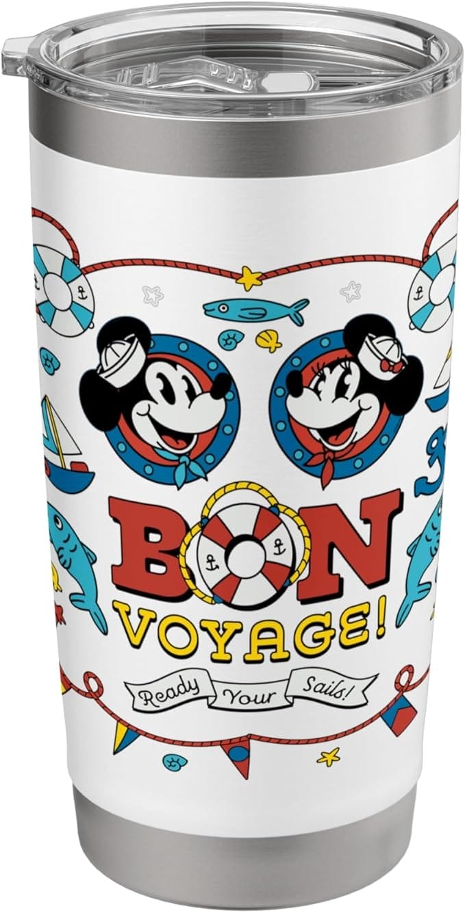 A Disney travel tumbler with cartoon sailors, nautical designs, and "Bon Voyage! Ready Your Sails!"—perfect for Big Deal Day!