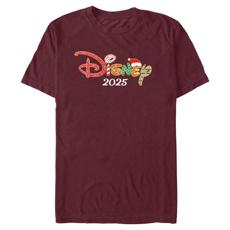 Maroon Disney Store t-shirt featuring "Disney 2025" in colorful, festive letters, evoking the vibrant energy of Disney Parks.