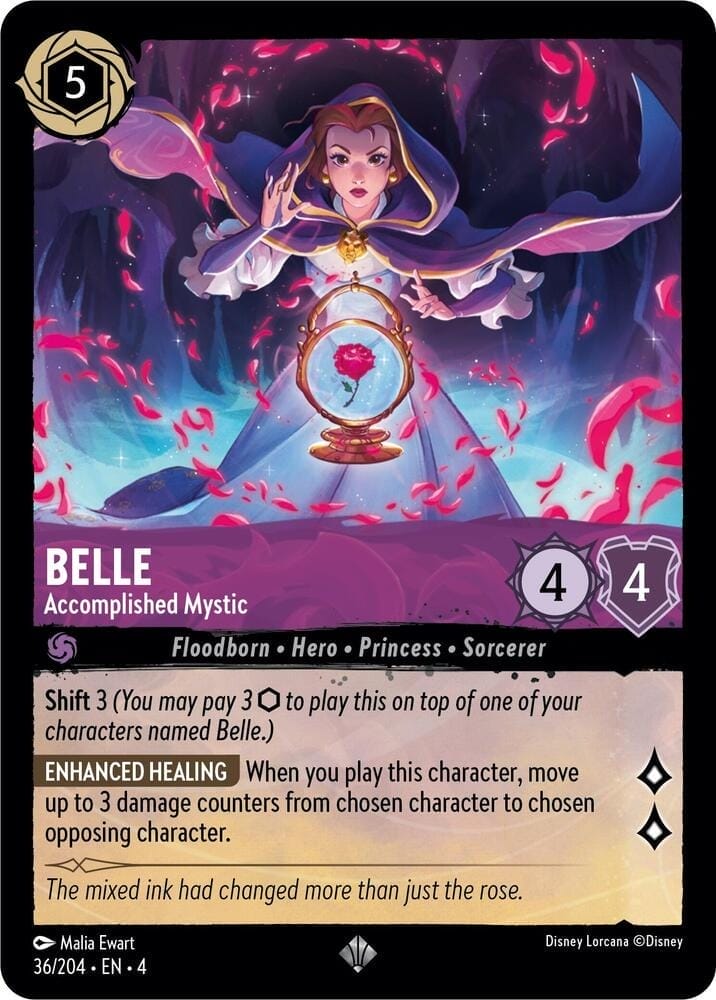 Belle, in a purple cloak, holds the enchanted rose with swirling lights—reminiscent of Fantasyland near Disneyland's iconic castle.