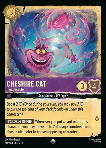 A grinning Cheshire Cat floats and waves its paws on a Lorcana card with gold and purple accents and Disney game-style stats.