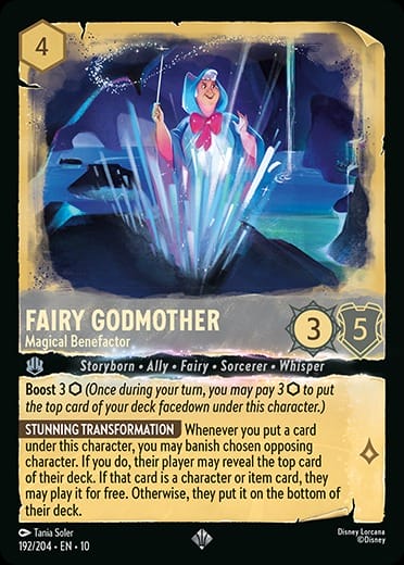 The Fairy Godmother in a blue gown waves her wand with magical sparks, featured on a gold Disney Lorcana card, stats visible.