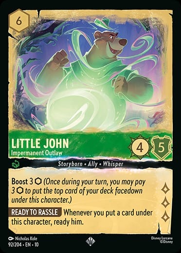 Little John, a magical bear, glows with energy and strikes a heroic pose on hisa Disney Lorcana card.
