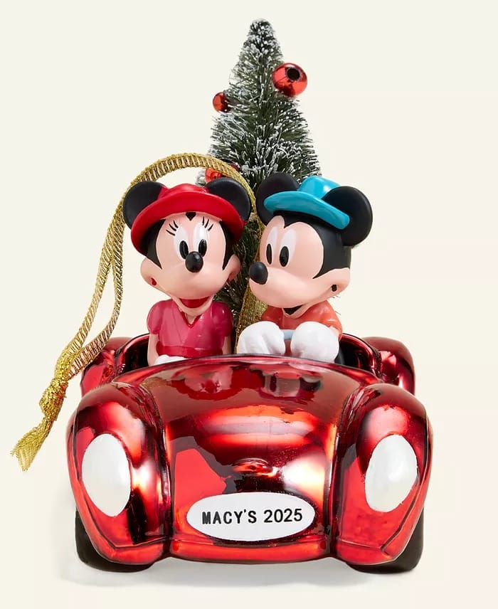 Minnie and Mickey Mouse in a red car ornament from Macy’s Holiday Collection, Christmas tree, “MACY’S 2025” on front.