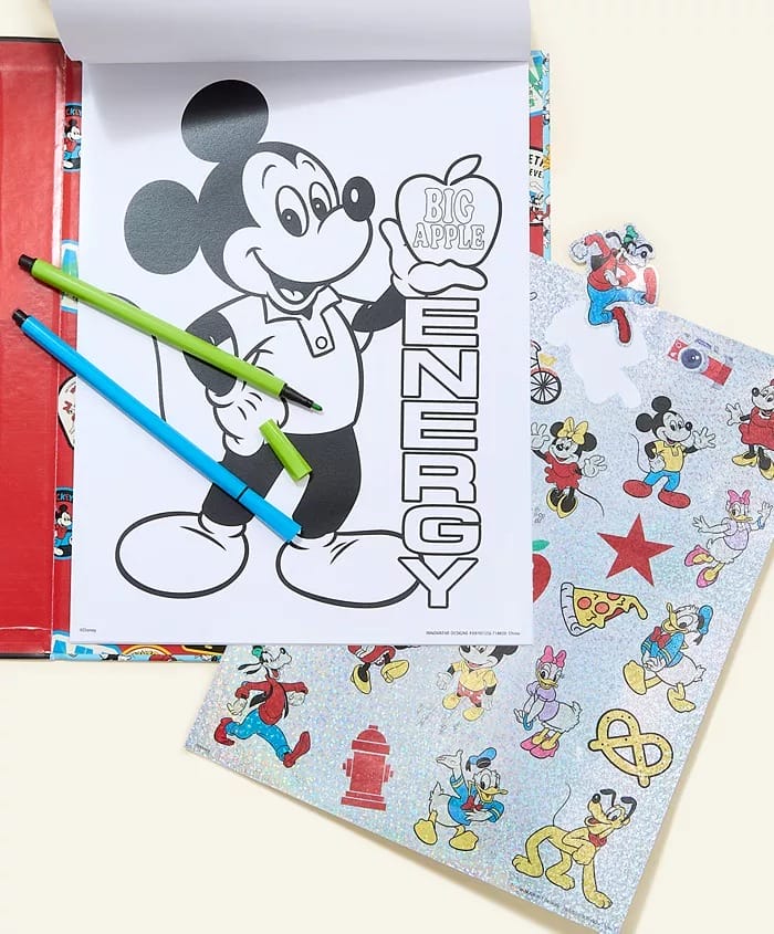 Disney Parks 2025 Holiday Collection: Mickey Mouse coloring book page, two pens, and folder—no castle image to compare.
