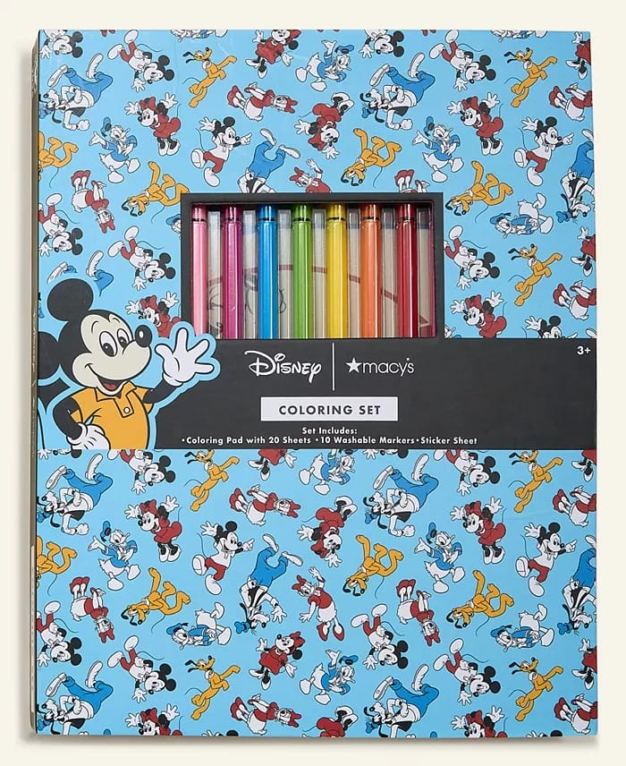 Disney Holiday Collection Mickey Mouse coloring set with markers, on blue background, Macy’s exclusive art, no Disney park castle shown.