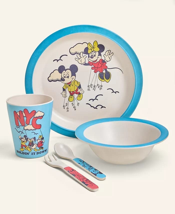 Disney Holiday Collection children’s dish set at Macy’s, featuring Mickey, Minnie, plate, bowl, cup, and blue-trimmed spoons.