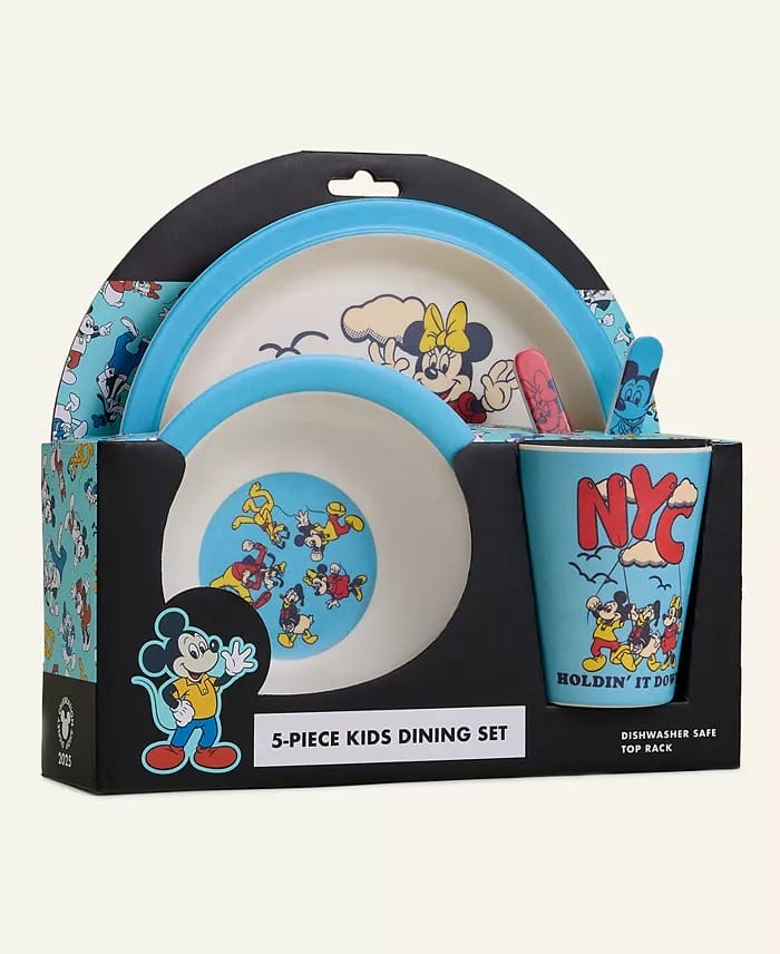Disney Parks 5-piece kids dining set—Mickey, Minnie, NYC motifs—Holiday 2025, no castle art like classic Cinderella Castle.