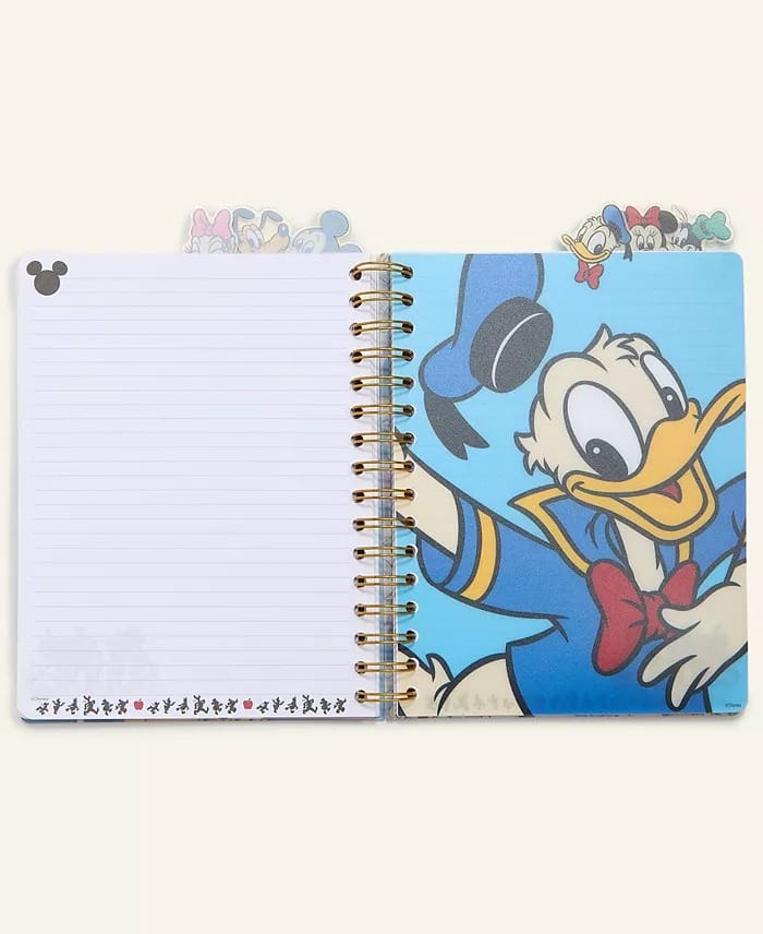 Open notebook with Donald Duck illustration and Disney character tab dividers, inspired by the 2025 Disney Parks Holiday Collection.
