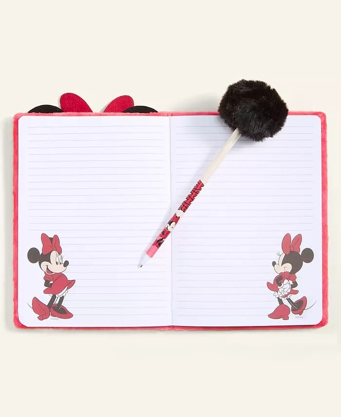 Lined notebook featuring Minnie Mouse and a fluffy black-topped pen, Macy's 2025 Holiday Collection, Disney park-inspired.