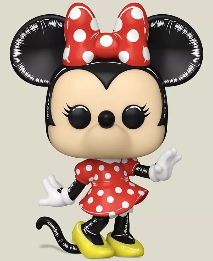 Pop! vinyl Minnie Mouse in a red polka-dot dress, Disney 2025 Holiday Collection, waving like during parades at Disney Parks.