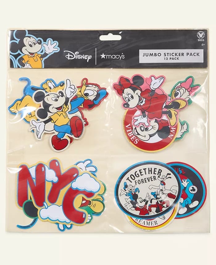 Disney Macy’s Holiday Collection sticker pack, 12 pieces, featuring Mickey, Minnie, NYC text, and "Together Forever Dreamer." No park castles shown.