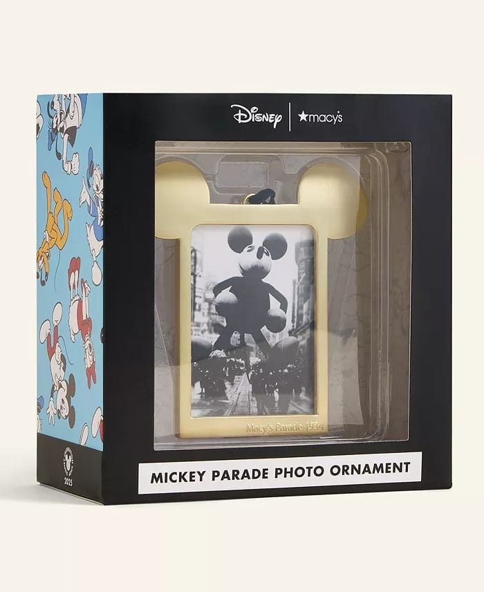 A Mickey Mouse photo ornament in Macy's 2025 Holiday Collection box featuring Disney parade branding, no Disney castle visible.