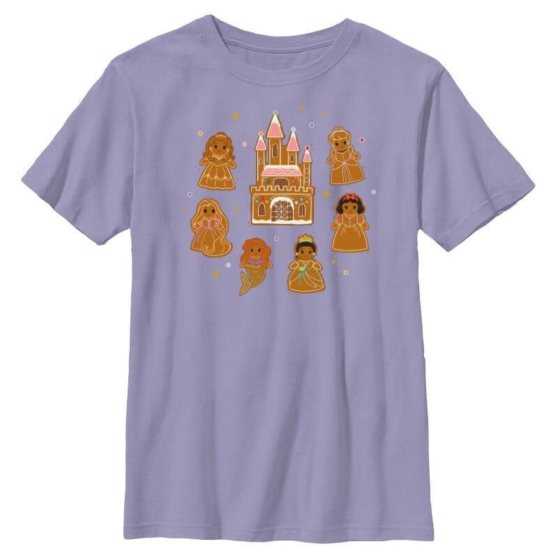 Lavender shirt featuring gingerbread princesses and a castle styled like Disney parks, with colorful accents reminiscent of park decor.