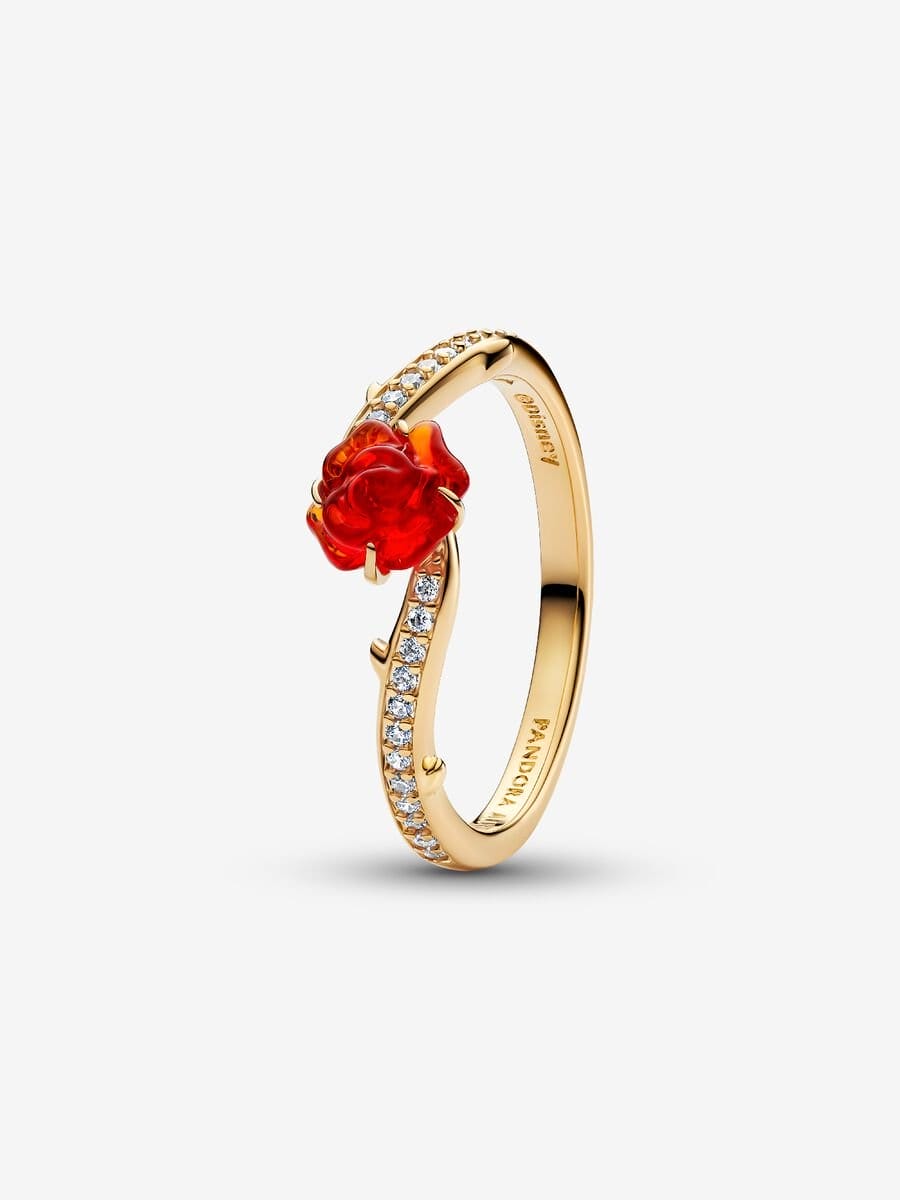 Gold ring featuring a red rose centerpiece, Disney Princess-inspired, with clear gems, reminiscent of Beauty and the Beast’s magic.