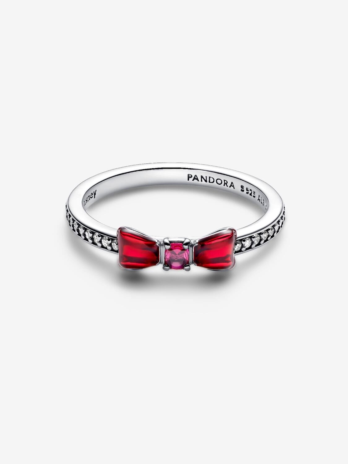 Silver ring featuring a red, bow-shaped centerpiece with clear stones, reminiscent of Disney Princess style jewelry at Disney Parks.