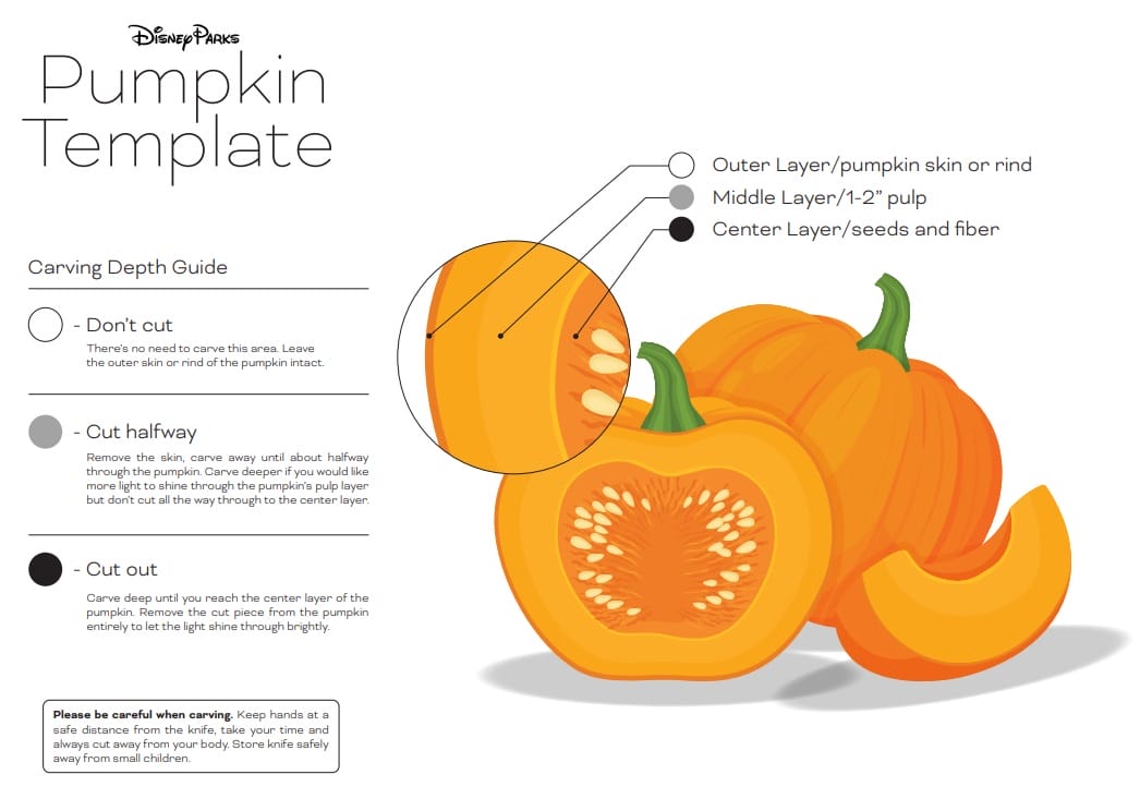 Illustrated Disney Park guide with Halloween tips, pumpkin layers, and castle-inspired carving stencils for safe, deep cuts.