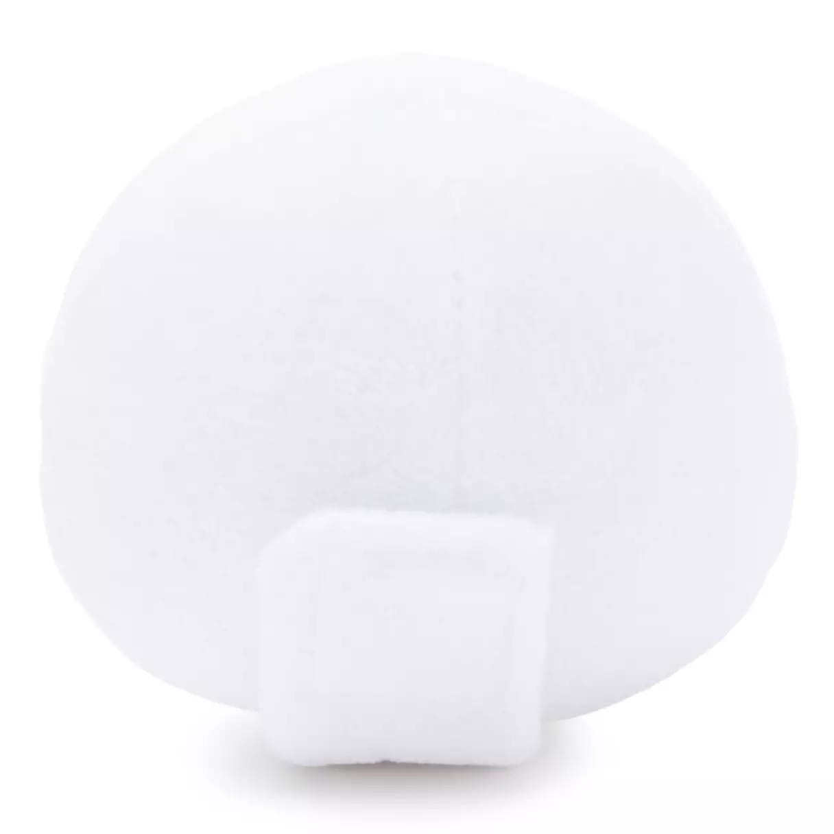 A round, white plush toy with a flat, rectangular patch near the bottom, reminiscent of Disney Park plush souvenirs, on a white background.