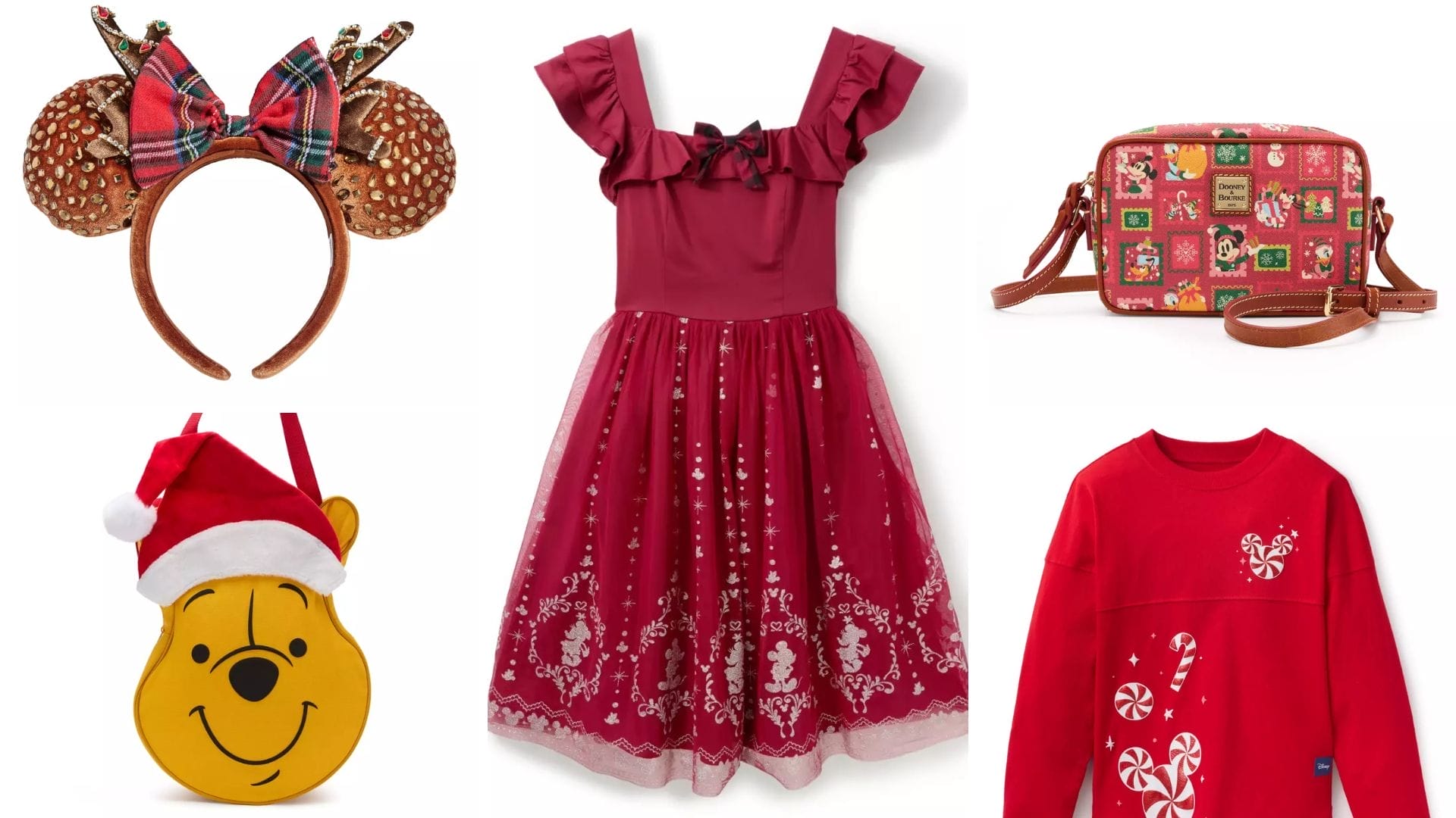 A daily Disney Parks holiday collage with Minnie ears, a red dress, purse, Pooh bag, and red sweater—no castles shown.