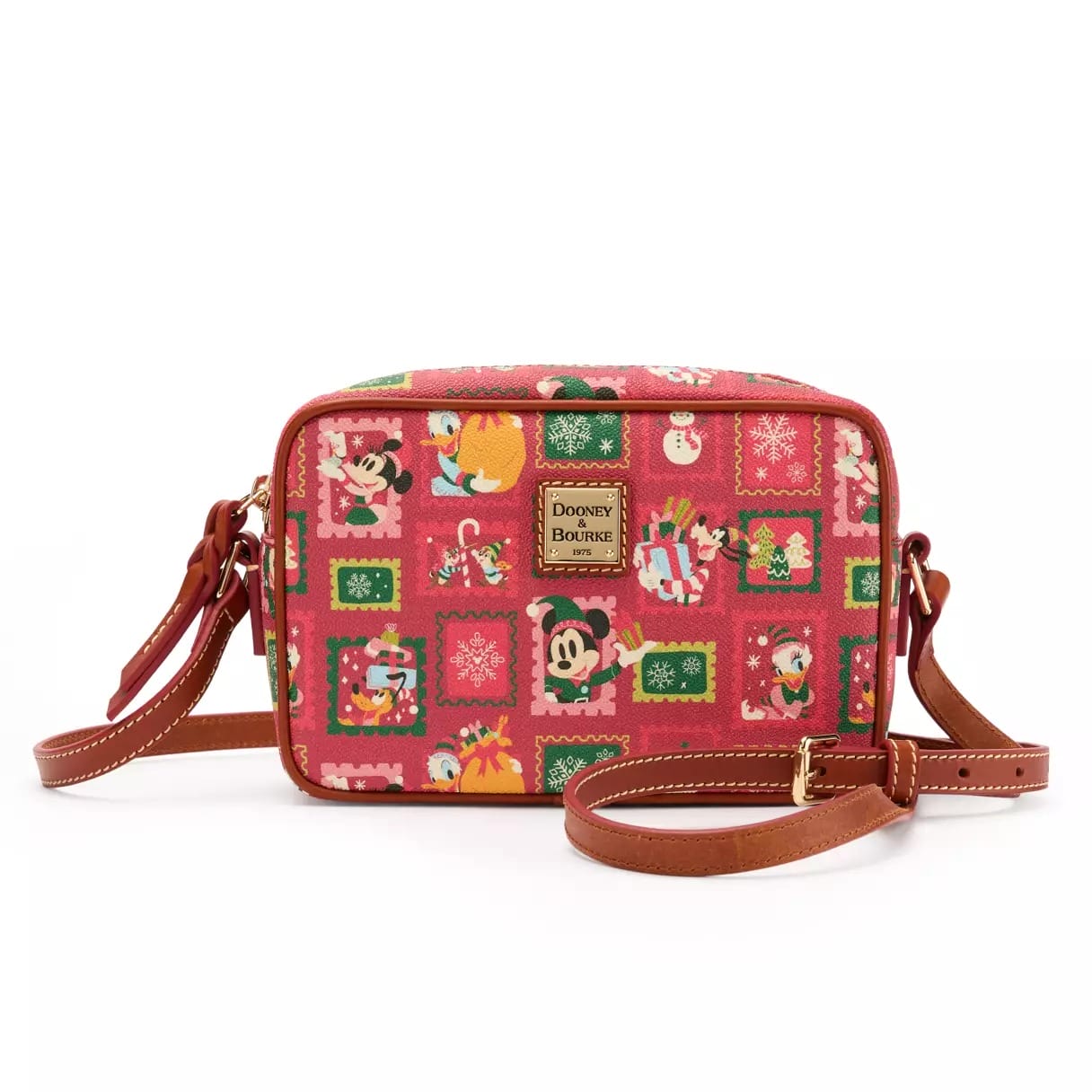 Rectangular red crossbody bag with Disney characters in holiday patchwork, brown trim, detachable strap—perfect for park visits.