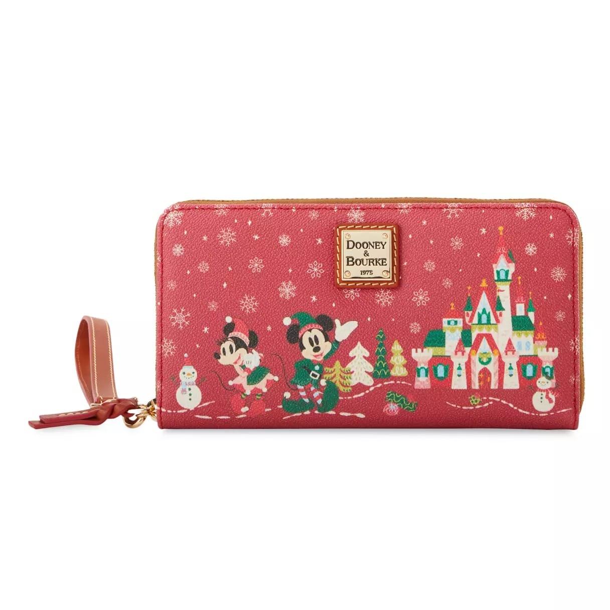 Red Dooney & Bourke wallet with Disney holiday designs showing Mickey, Minnie, snowmen, snowflakes, and a castle resembling Cinderella Castle from Walt Disney World.