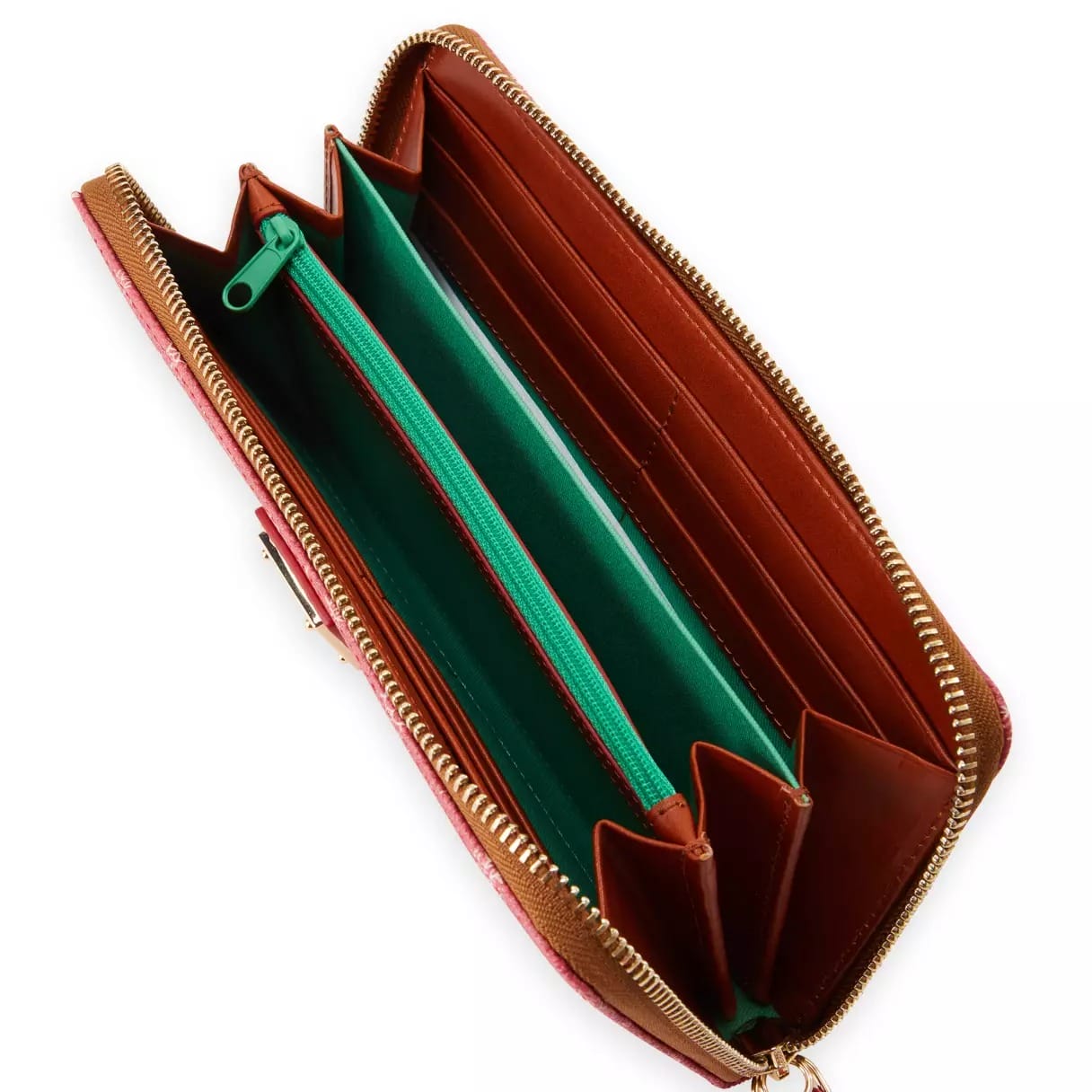 Open zippered wallet with brown interior, green zipper pocket, card slots, and multiple compartments—no castle like Disney parks.